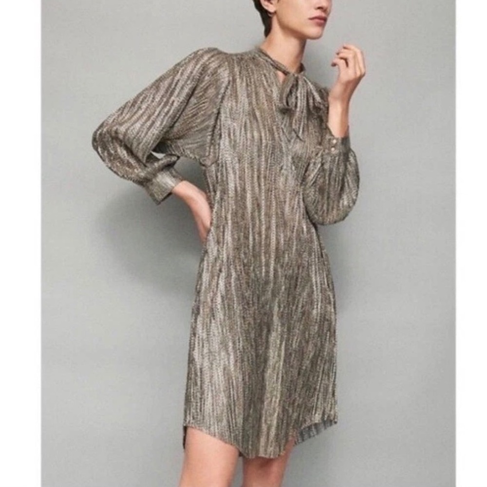 Anthropologie Sabina Musayev Metallic Dress Women XS Gold Tie Neck Mini Party